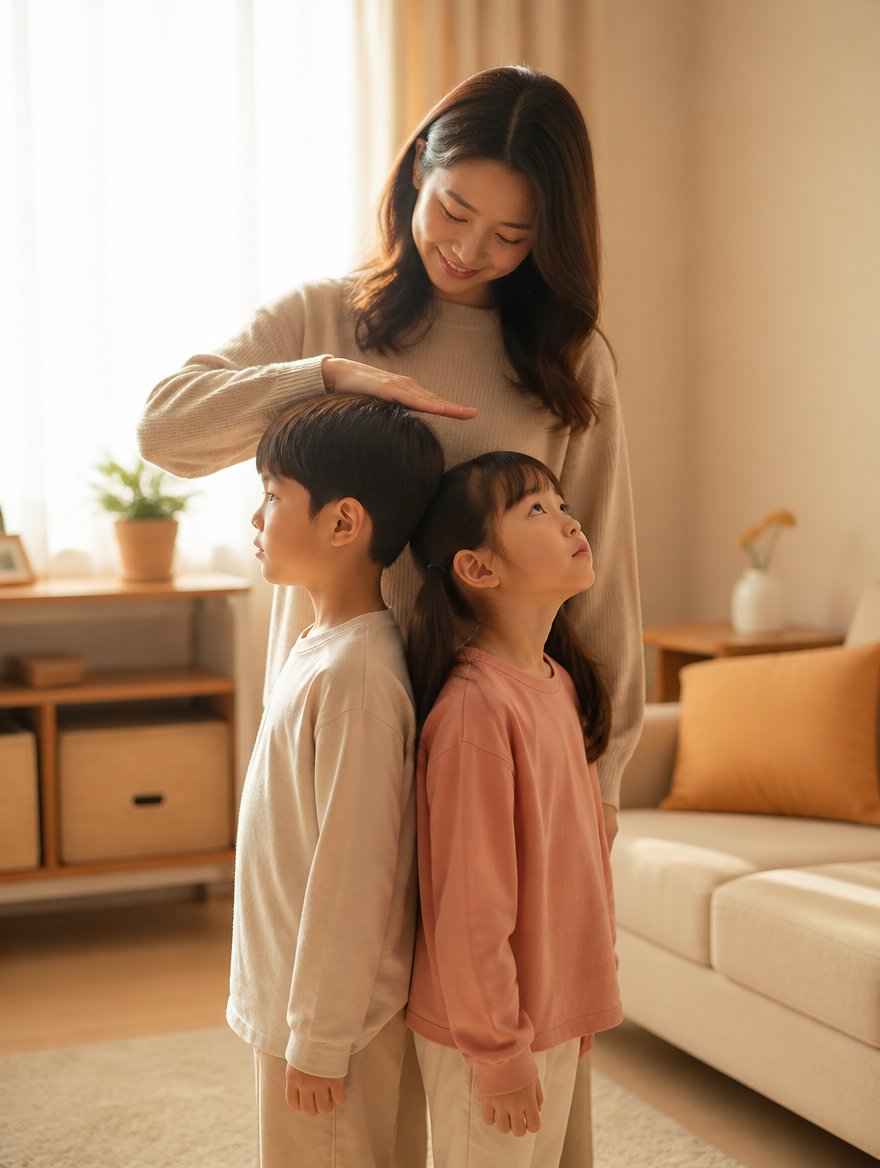 두 아이가 등을 맞대고 키를 재고, 엄마가 손으로 키 차이를 확인하는 모습