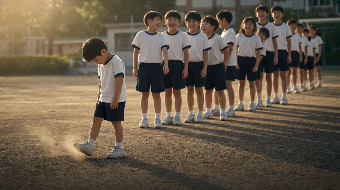 운동장에서 키 순서로 줄을 선 반 아이들 — 맨 앞의 가장 작은 아이가 고개를 숙이고 있다