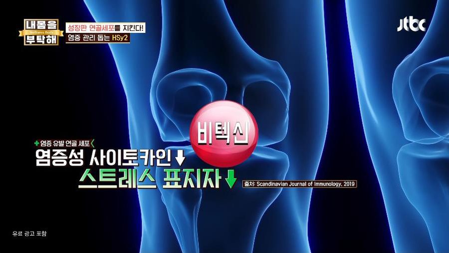 JTBC 내몸을 부탁해 673회 — 성장판 연골세포를 지킨다. 염증 관리 돕는 HSy2. 비텍신 성분이 염증성 사이토카인과 스트레스 표지자를 낮춘다